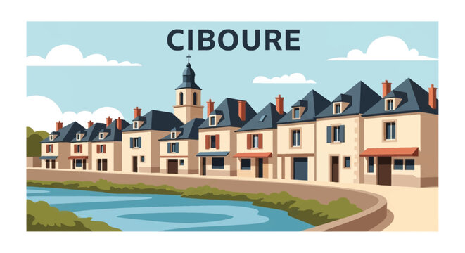 Vector illustration of traditional Basque architecture in Ciboure, France, featuring a row of historic houses with shutters along the waterfront under a blue sky with clouds.
