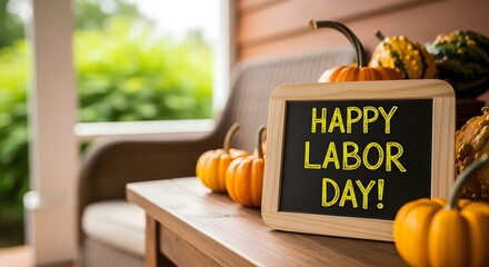 Festive fall display with happy labor day message and pumpkins