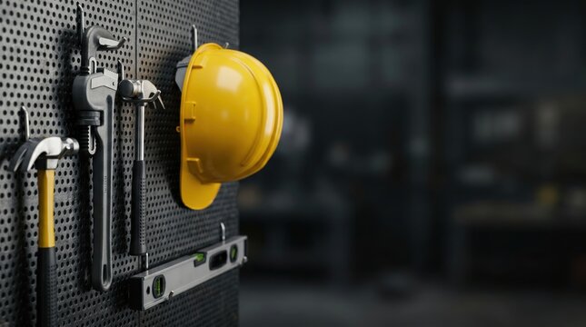 Yellow hard hat and various tools hanging on a dark pegboard in a workshop.
