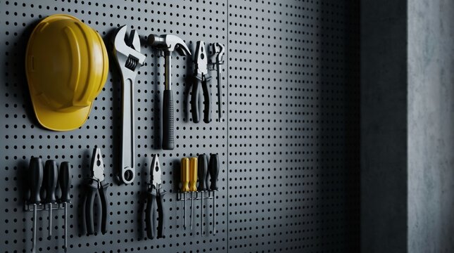 Workshop Wall with Various Hand Tools and Yellow Hard Hat.