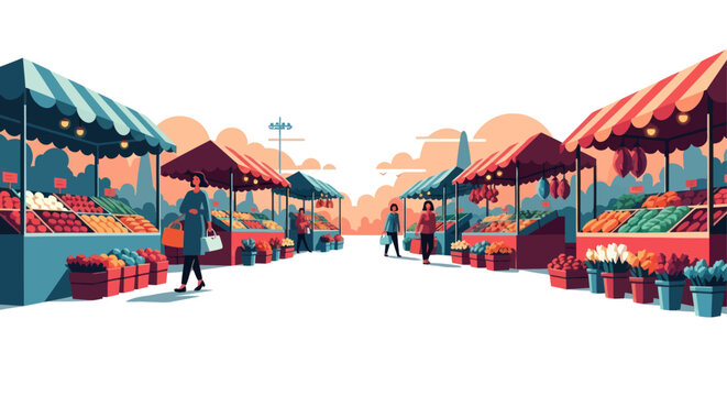 People Walking Through Market Stalls Outdoors.