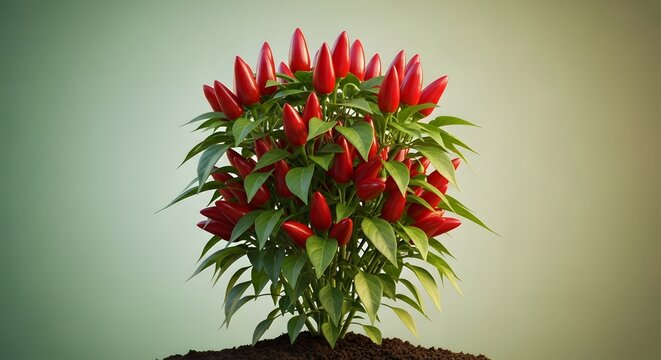 Tanaman cabai merah berbuah lebat di atas tanah dengan latar belakang gradasi