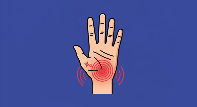 Vector illustration of a human hand showing palm pain with red concentric circles and pulse waves at the wrist, representing carpal tunnel syndrome, joint inflammation, or injury.