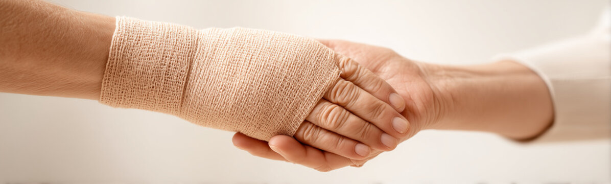 Healing Handshake: An image portraying the compassionate bond between individuals. A bandaged hand is met with a supportive handshake, symbolizing the essence of comfort and mutual aid. 