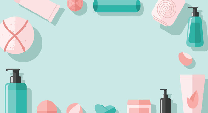 A minimalist vector graphic displaying a collection of skincare and beauty products framing a light blue space in a flat lay style.