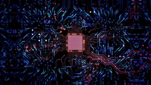Microchip edge technology powers advanced circuit board design precise electronic components innovative computing processor integration blue circuit board glowing central processor digital data flow.
