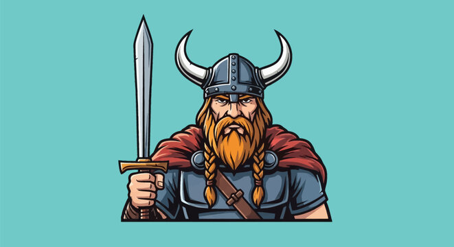 Vector illustration of a Viking warrior with a red beard and braided mustache, wearing a horned helmet and red cape, holding a broadsword upright, isolated on a solid teal background.
