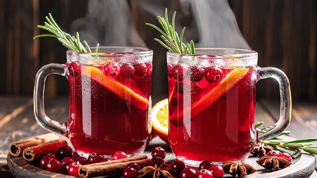 Hot mulled wine with oranges and spices on wooden tray