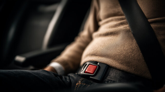 Buckled Up: A passenger wearing seatbelt sits securely in a car, ready for the journey ahead, safety first!