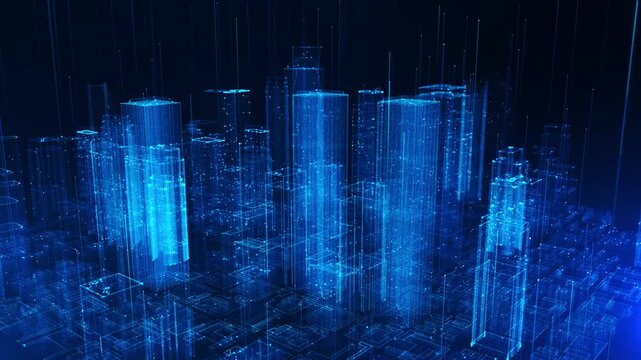 Advanced holographic smart city structures built digital data intelligent infrastructure networking, Futuristic urban systems artificial intelligence. digital transformation technology. innovation 3D