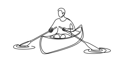 A single continuous line drawing of a person paddling a small canoe on a calm water surface area Vector, illustration © Kanu Art_Gallery