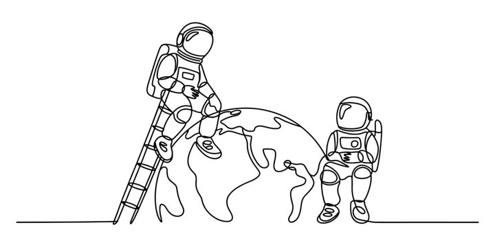 A single line drawing illustration of two astronauts sitting on top of the planet earth together Vector, illustration