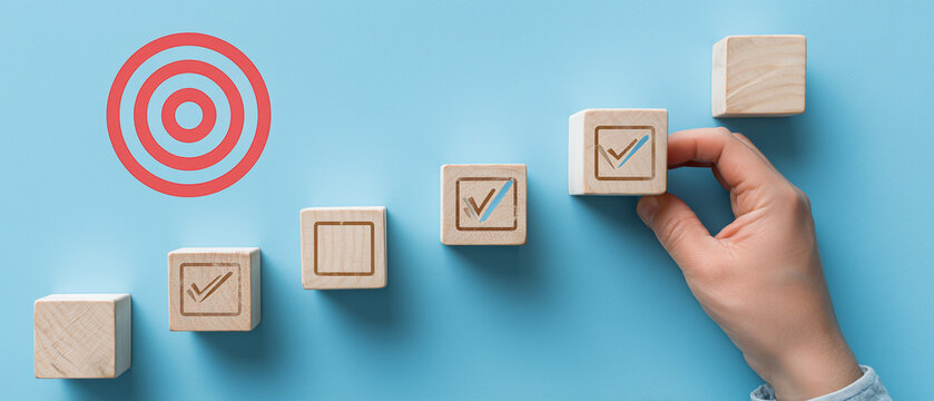 hand pushing wooden blocks with a checkmark icon towards a goal target on a blue background.