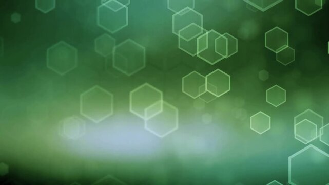 Green hexagonal bokeh shapes drift across a soft glowing digital background.