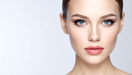 Obraz premium A close-up portrait of a woman with expertly applied makeup. Her skin appears flawless. She has her dark hair pulled back