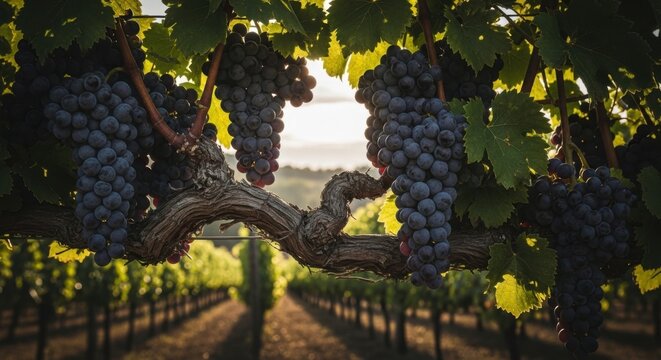 Twisted Vine with Plump Purple Grapes in Vineyard