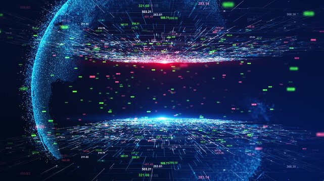 Virtual planet Earth particles Cyber Futuristic Worldwide Business Global 3D World trade map of 5G smart deep tech AI big data blockchain crypto money internet of things IOT Speed online news Security