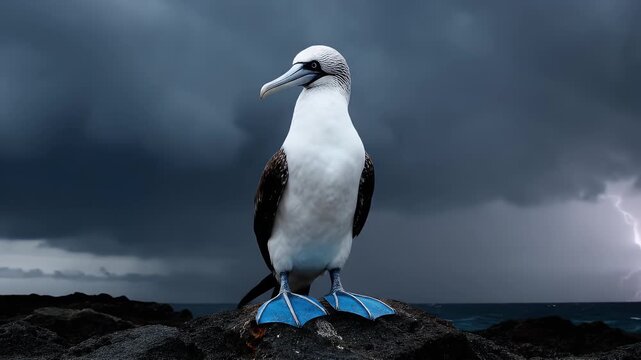 Close Up Of A Blue Footed Booby Bird Perched On Rocks With Stormy Dark Clouds Overhead And Ocean In Background