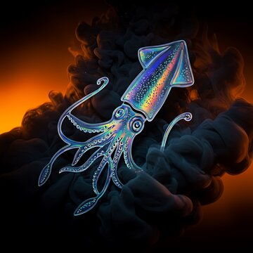 Holographic Squid in Ink Cloud: Dark Fantasy Art