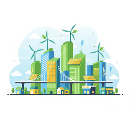 Obraz premium Modern Green Cityscape with Sustainable Architecture, Renewable Energy, and Eco-Friendly Urban Development, Illustrating a Clean Energy Future and Environmental Progress