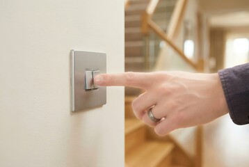 Naklejka premium Man hand gently pressing a modern silver light switch in home