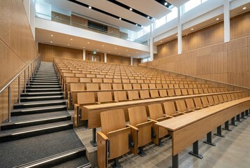 Fototapeta premium Modern lecture hall interior with rows of wooden desks and chairs