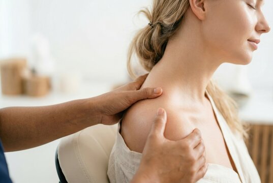 Caucasian woman relaxing with eyes closed while receiving a professional neck and shoulder massage
