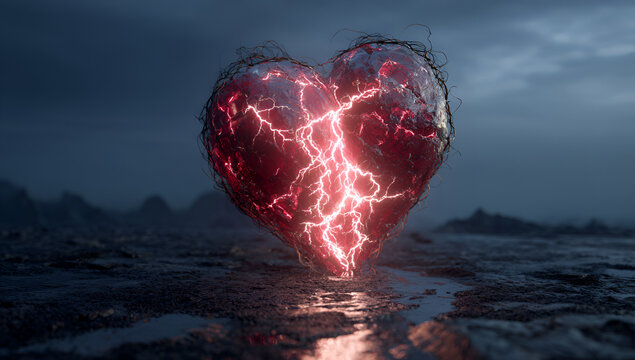 A luminous, cracked heart, encompassed by thorny vines, rests on a desolate, misty landscape under a foreboding sky