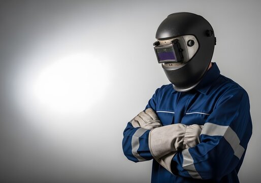 Cinematic portrait of an industrial welding technician in protective gear standing confidently with arms crossed Subject positioned using rule of thirds on one side Minimal neutral background with lar