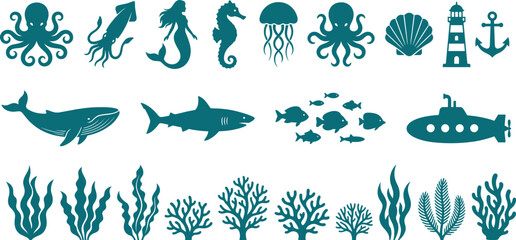 Marine life and ocean icons set, sea animals, coral, lighthouse and nautical elements, black vector collection for underwater, beach, travel and aquatic design use © Joy