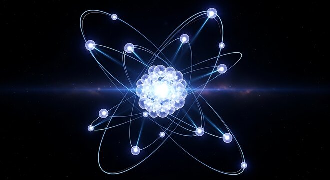 A glowing, abstract representation of an atom with a bright nucleus and orbiting electrons against a dark, cosmic background.