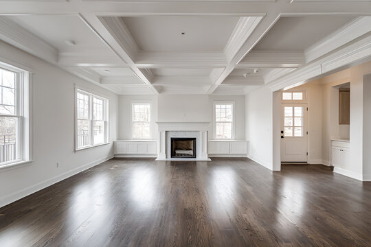 A spacious living room with dark hardwood floors, white trim, and a coffered ceiling. Windows let in natural light, a fireplace