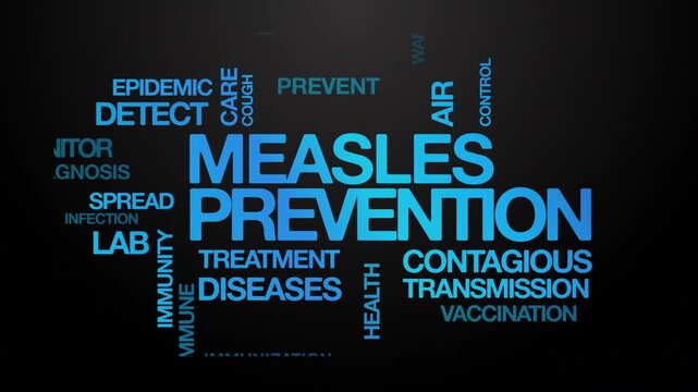 Measles prevention concept Animated Tag Word Cloud kinetic typography, Text Design Animation typography seamless loop video motion graphics Intro Wordart blue type on black background bg backdrop ca