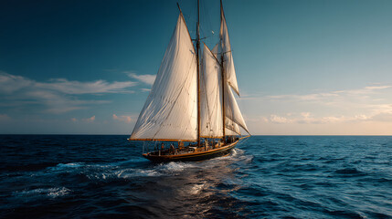 Fototapeta premium Classic Wooden Sailboat Gliding Through Ocean Waves Under Clear Blue Sky at Sunset