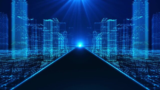 Digital City Data abstract hologram 3D city Highway Corridor futuristic matrix. Digital buildings infrastructure and information flow. binary code particles network. Technology connection concept.