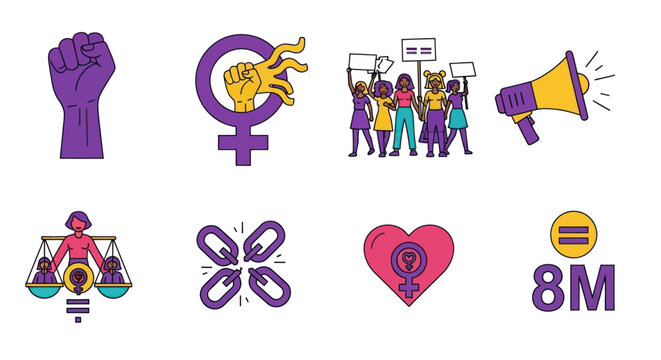 Feminism Icons: Fist, Venus Symbol, Protest, Megaphone, Scales, Chains, Heart, 8M