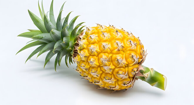 Peeled sweet Thai baby pineapple with green crown isolated on a bright white background. Tropical mini fruit cutout