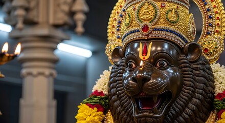 Fototapeta premium Close-up of Narasimha Vishnu avatar idol adorned with crown and flame in a Hindu temple.