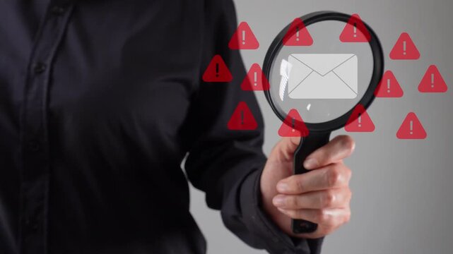 A hand holds a magnifying glass over an email icon with red warning signs surrounding the symbol. The image suggests suspicious communication.