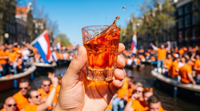 Toasting with an Oranjebitter shot at a lively King's Day canal celebration.