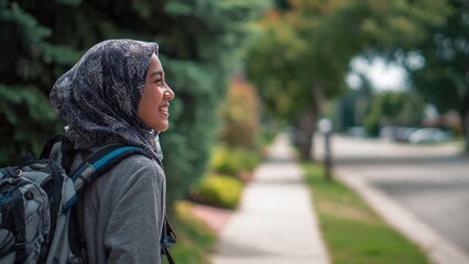 Fototapeta premium Side view, a young girl wearing a backpack and a sporty hijab walking happily on a clean sidewalk heading to school. Blurred green trees in the background