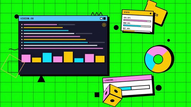 Illustrative concept of modern data visualization and analytics, featuring diverse charts, graphs, and progress bars on a dynamic digital grid