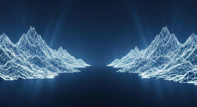 Glowing wireframe mountain ranges create a futuristic digital landscape against a dark background.