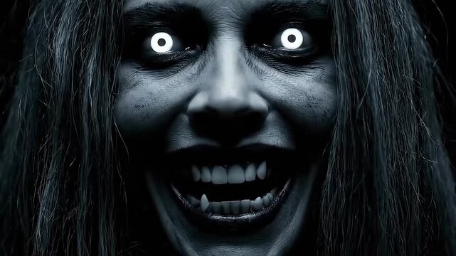 A horrifying illustration of a ghostly woman with white eyes and a sinister grin on a black background. Perfect for creating a terrifying and eerie atmosphere.