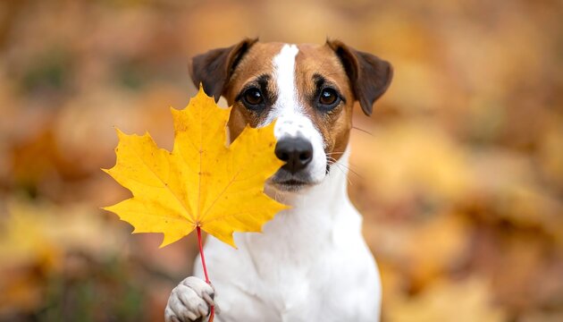 Small dog holding yellow leaf outdoors.