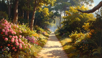 Naklejka premium A serene forest path lined with vibrant flowers and trees