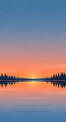 Obraz premium Serene lake landscape at sunset with trees.