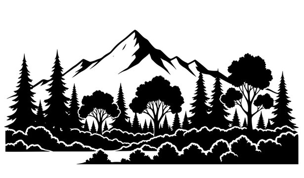 Forest silhouette with mountains vector landscape trees outdoor hiking nature scene