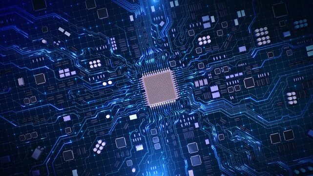 3D 4K AI web network, technology circuit board Advanced circuit board Advanced Technology Visualization CPU Processor Microchip Artificial Intelligence of Neural Cloud Computing Data. Digital Lines