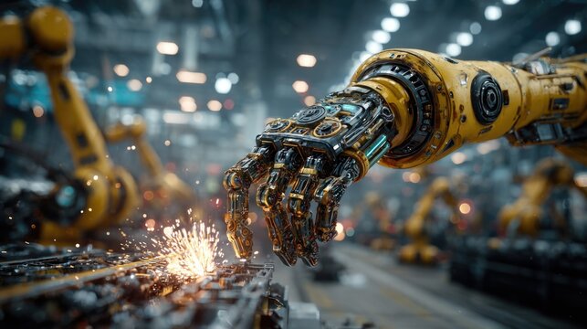 A robotic arm is welding in a modern industrial factory setting